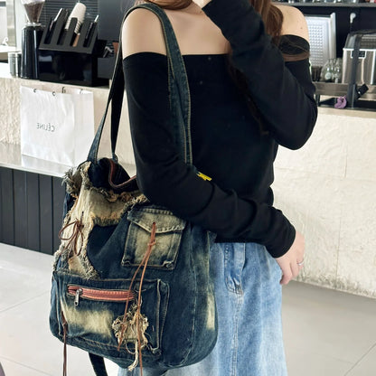 New Retro Denim Bags For Women 2024 Luxury Handbags Designer Ladies Large Capacity Fashion Shoulder Bag Sac A Main