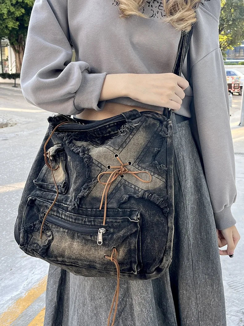 New Retro Denim Bags For Women 2024 Luxury Handbags Designer Ladies Large Capacity Fashion Shoulder Bag Sac A Main