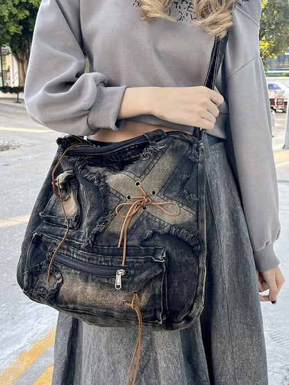 New Retro Denim Bags For Women 2024 Luxury Handbags Designer Ladies Large Capacity Fashion Shoulder Bag Sac A Main