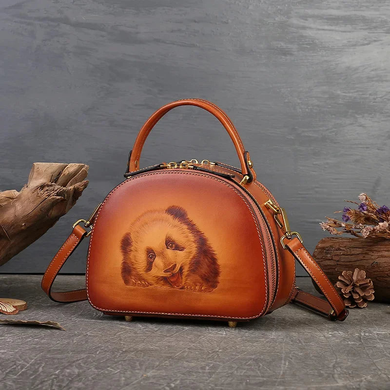 New Retro Luxury Cowhide Handbag 2024 Genuine Leather Women Crossbody Bag Fashion Panda Pyrograph Shoulder Handbags For Ladies