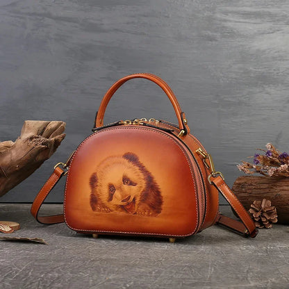 New Retro Luxury Cowhide Handbag 2024 Genuine Leather Women Crossbody Bag Fashion Panda Pyrograph Shoulder Handbags For Ladies