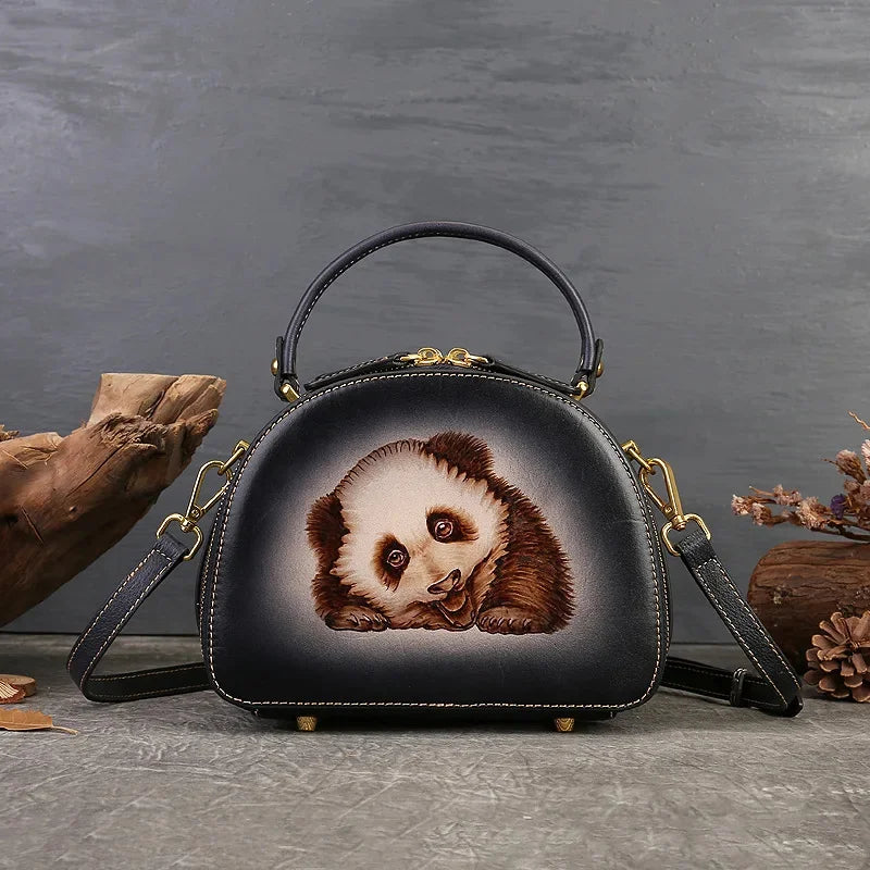 New Retro Luxury Cowhide Handbag 2024 Genuine Leather Women Crossbody Bag Fashion Panda Pyrograph Shoulder Handbags For Ladies