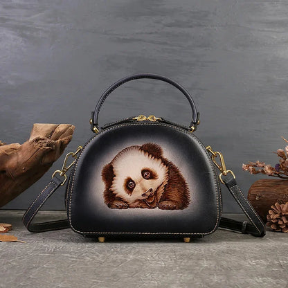 New Retro Luxury Cowhide Handbag 2024 Genuine Leather Women Crossbody Bag Fashion Panda Pyrograph Shoulder Handbags For Ladies