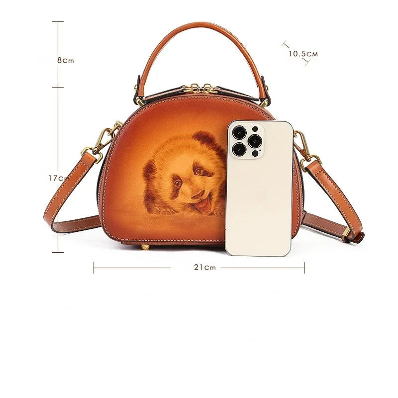 New Retro Luxury Cowhide Handbag 2024 Genuine Leather Women Crossbody Bag Fashion Panda Pyrograph Shoulder Handbags For Ladies