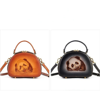 New Retro Luxury Cowhide Handbag 2024 Genuine Leather Women Crossbody Bag Fashion Panda Pyrograph Shoulder Handbags For Ladies