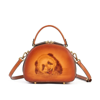 New Retro Luxury Cowhide Handbag 2024 Genuine Leather Women Crossbody Bag Fashion Panda Pyrograph Shoulder Handbags For Ladies