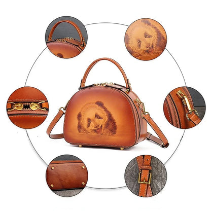 New Retro Luxury Cowhide Handbag 2024 Genuine Leather Women Crossbody Bag Fashion Panda Pyrograph Shoulder Handbags For Ladies