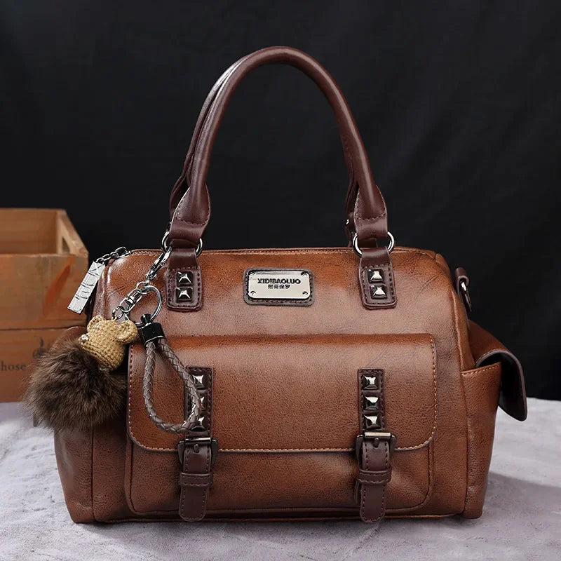 New Retro PU Leather Women's Messenger Large Portable Contrast Pillow Boston Handbag Fashion Shoulder Crossbody Bag