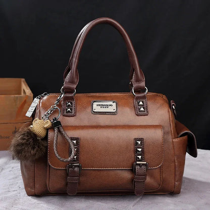 New Retro PU Leather Women's Messenger Large Portable Contrast Pillow Boston Handbag Fashion Shoulder Crossbody Bag
