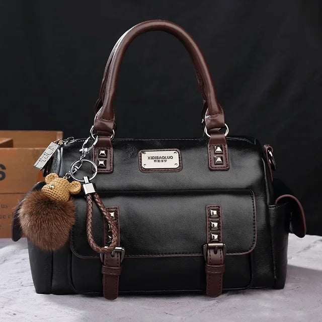 New Retro PU Leather Women's Messenger Large Portable Contrast Pillow Boston Handbag Fashion Shoulder Crossbody Bag