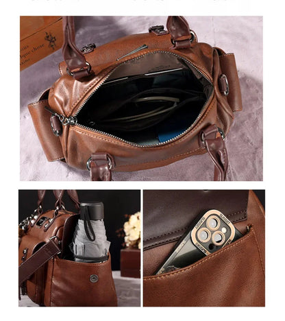 New Retro PU Leather Women's Messenger Large Portable Contrast Pillow Boston Handbag Fashion Shoulder Crossbody Bag