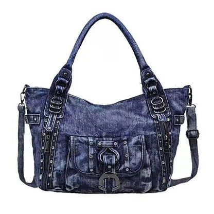 New Retro Washed Denim Women Shoulder Bag Jeans Purses and Handbag with Rivet Ring  Casual Tote Bag Hobo Bag