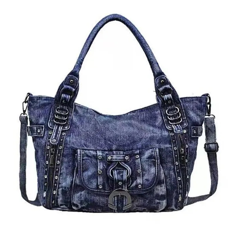 New Retro Washed Denim Women Shoulder Bag Jeans Purses and Handbag with Rivet Ring  Casual Tote Bag Hobo Bag