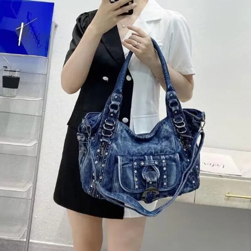 New Retro Washed Denim Women Shoulder Bag Jeans Purses and Handbag with Rivet Ring  Casual Tote Bag Hobo Bag