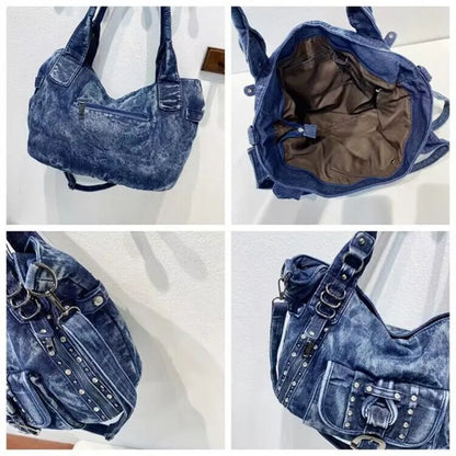 New Retro Washed Denim Women Shoulder Bag Jeans Purses and Handbag with Rivet Ring  Casual Tote Bag Hobo Bag