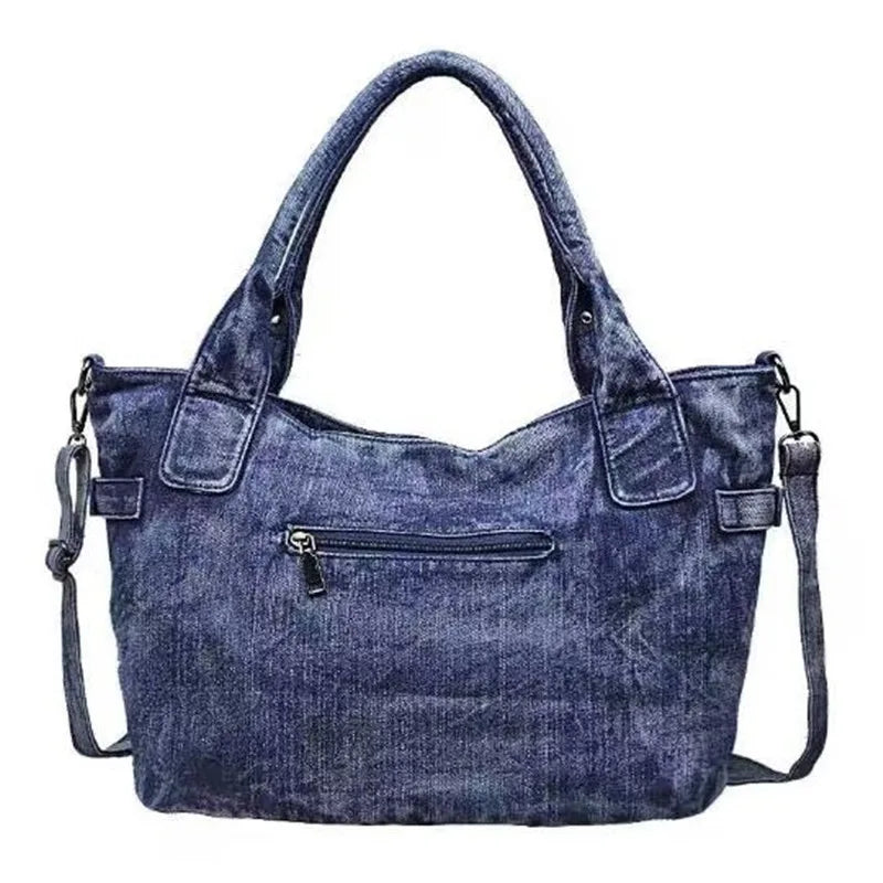 New Retro Washed Denim Women Shoulder Bag Jeans Purses and Handbag with Rivet Ring  Casual Tote Bag Hobo Bag