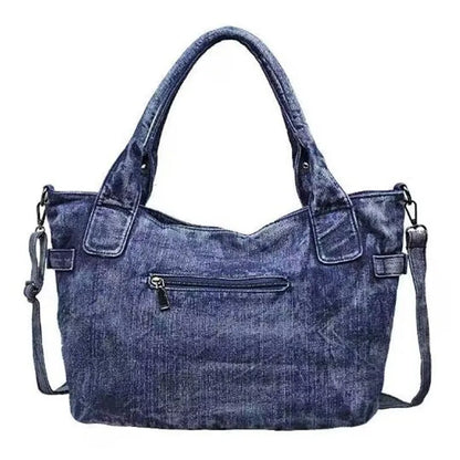 New Retro Washed Denim Women Shoulder Bag Jeans Purses and Handbag with Rivet Ring  Casual Tote Bag Hobo Bag