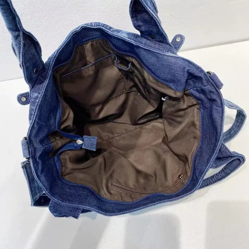 New Retro Washed Denim Women Shoulder Bag Jeans Purses and Handbag with Rivet Ring  Casual Tote Bag Hobo Bag