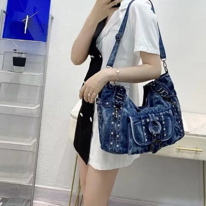 New Retro Washed Denim Women Shoulder Bag Jeans Purses and Handbag with Rivet Ring  Casual Tote Bag Hobo Bag