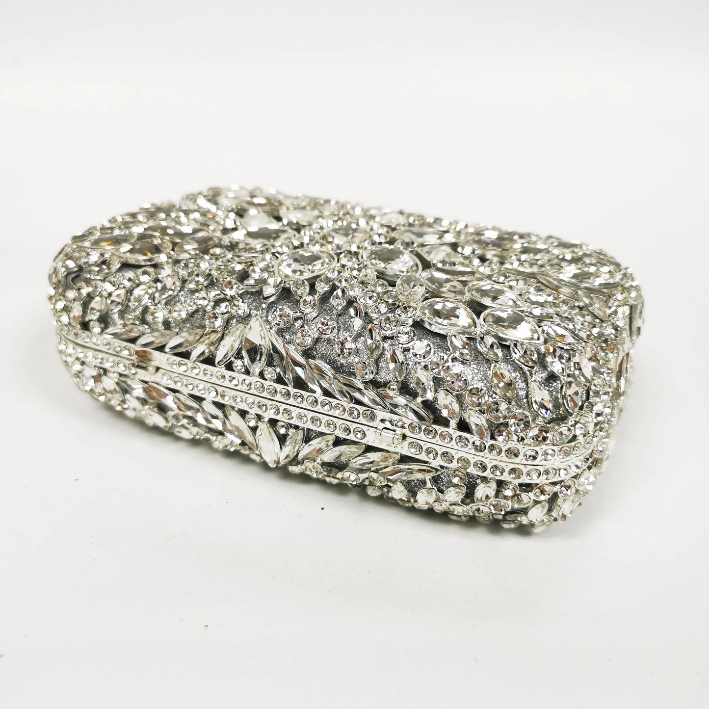 New Silver Flower Dinner Bags Woman Wedding Bridal Crystal Evening Purse Diamond Crystal Floral Handbag Metal Rhinestone Clutch
