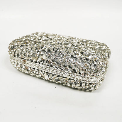 New Silver Flower Dinner Bags Woman Wedding Bridal Crystal Evening Purse Diamond Crystal Floral Handbag Metal Rhinestone Clutch