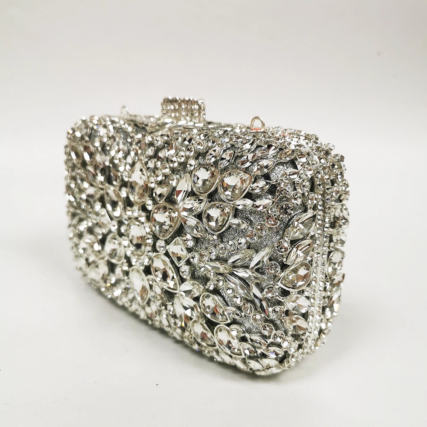 New Silver Flower Dinner Bags Woman Wedding Bridal Crystal Evening Purse Diamond Crystal Floral Handbag Metal Rhinestone Clutch