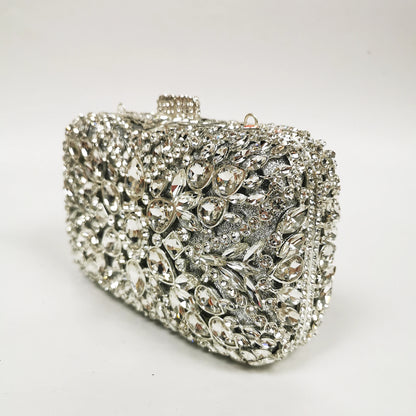 New Silver Flower Dinner Bags Woman Wedding Bridal Crystal Evening Purse Diamond Crystal Floral Handbag Metal Rhinestone Clutch