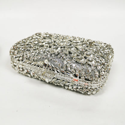 New Silver Flower Dinner Bags Woman Wedding Bridal Crystal Evening Purse Diamond Crystal Floral Handbag Metal Rhinestone Clutch