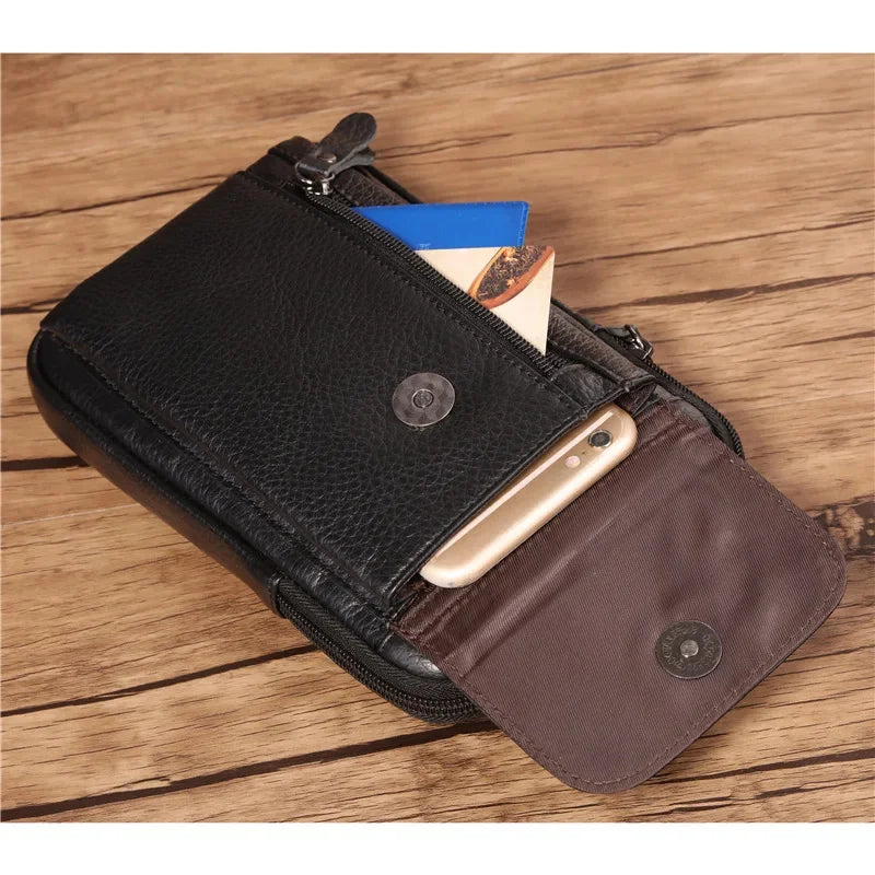 New Small Cross Body Fanny Messenger Shoulder Belt Waist Bags Fashion Purse Cover Pouch Men Genuine Leather Cell Phone Case Bag