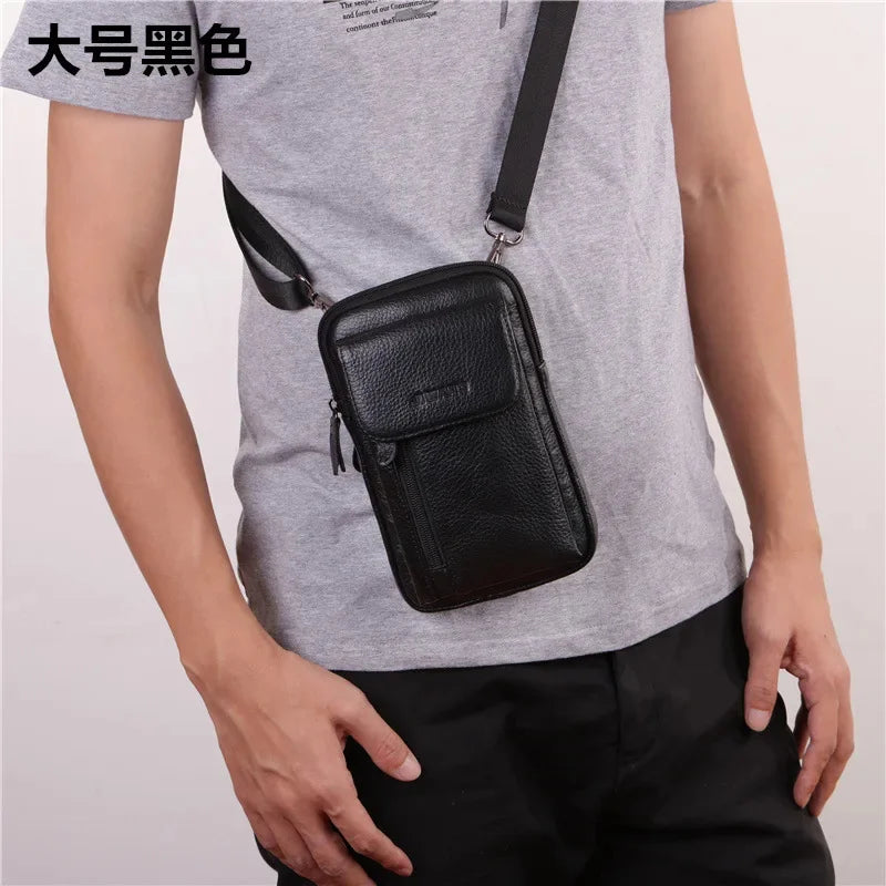 New Small Cross Body Fanny Messenger Shoulder Belt Waist Bags Fashion Purse Cover Pouch Men Genuine Leather Cell Phone Case Bag