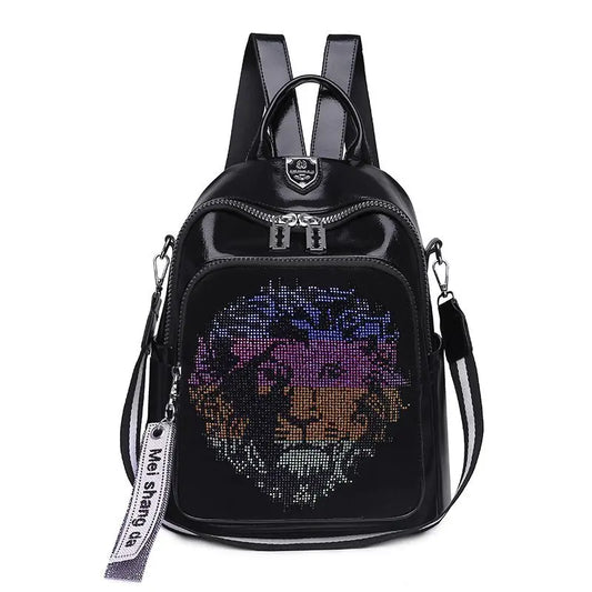 New Soft Leather Womens Backpack Fashion Trend Bright Diamond Animal Pattern Female Single Shoulder Bag Large Capacity Girl Bags