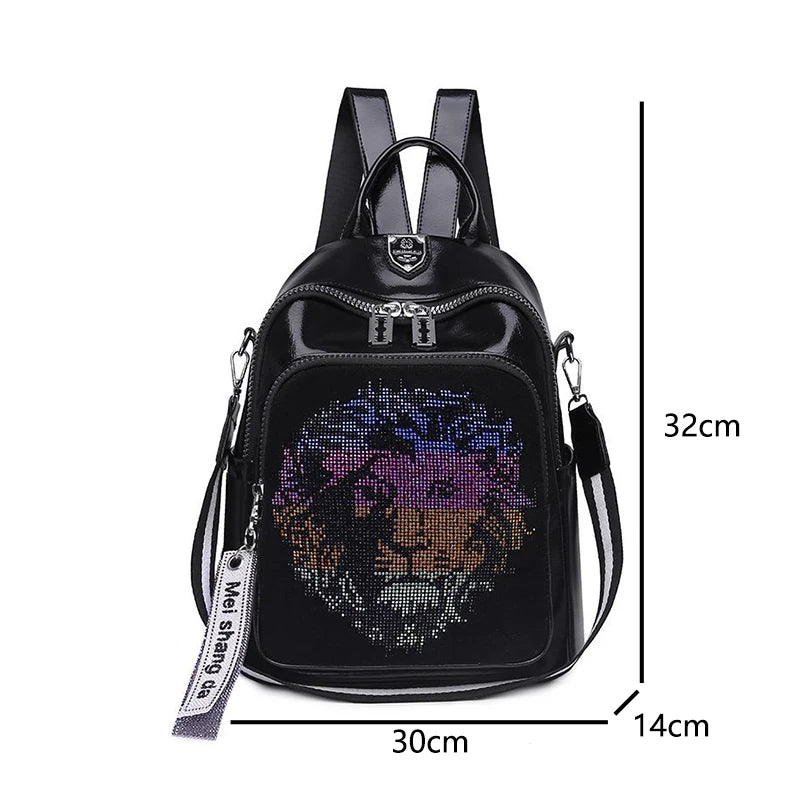 New Soft Leather Womens Backpack Fashion Trend Bright Diamond Animal Pattern Female Single Shoulder Bag Large Capacity Girl Bags