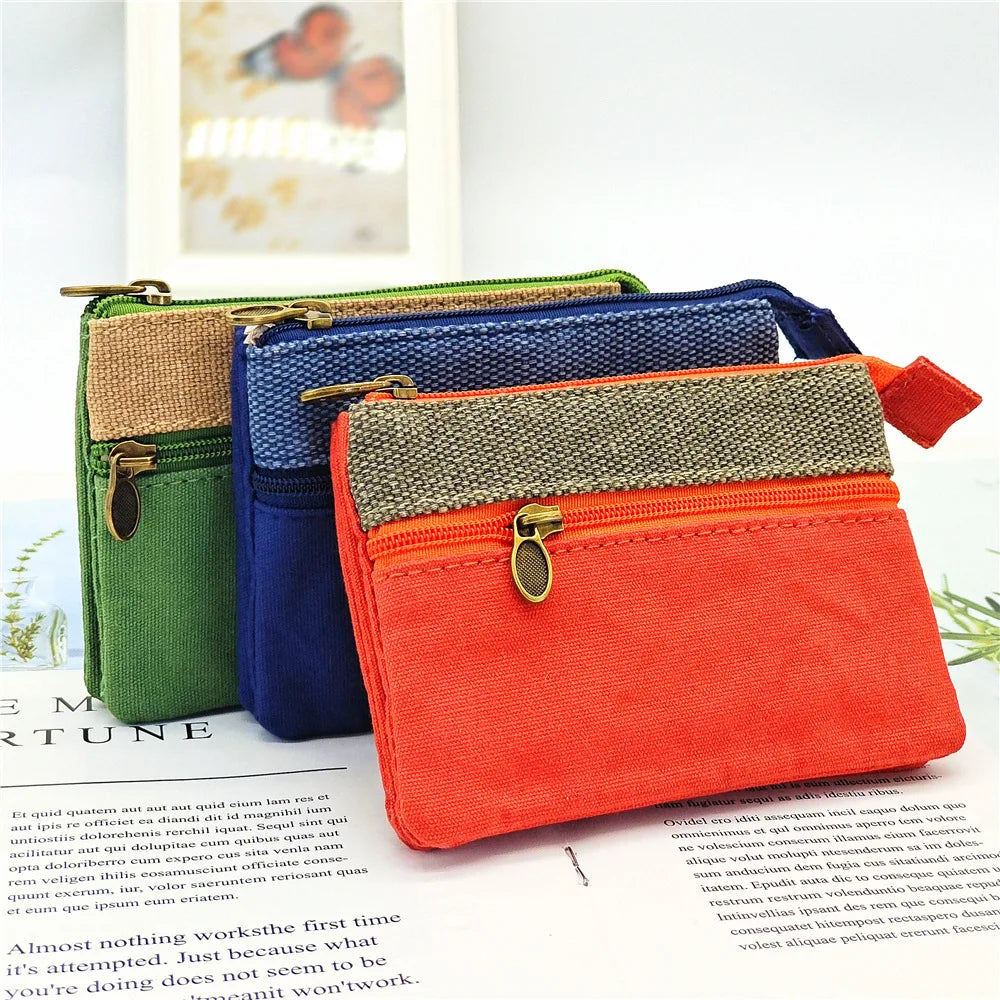 New Solid Canvas Coin Purse for Girls Double Zipper Large Capacity Card Holder Small Storage Bag Simple Fashion Mini Wallet