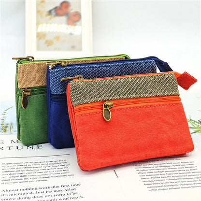 New Solid Canvas Coin Purse for Girls Double Zipper Large Capacity Card Holder Small Storage Bag Simple Fashion Mini Wallet