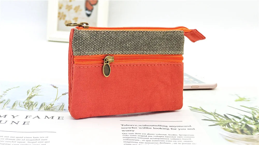 New Solid Canvas Coin Purse for Girls Double Zipper Large Capacity Card Holder Small Storage Bag Simple Fashion Mini Wallet