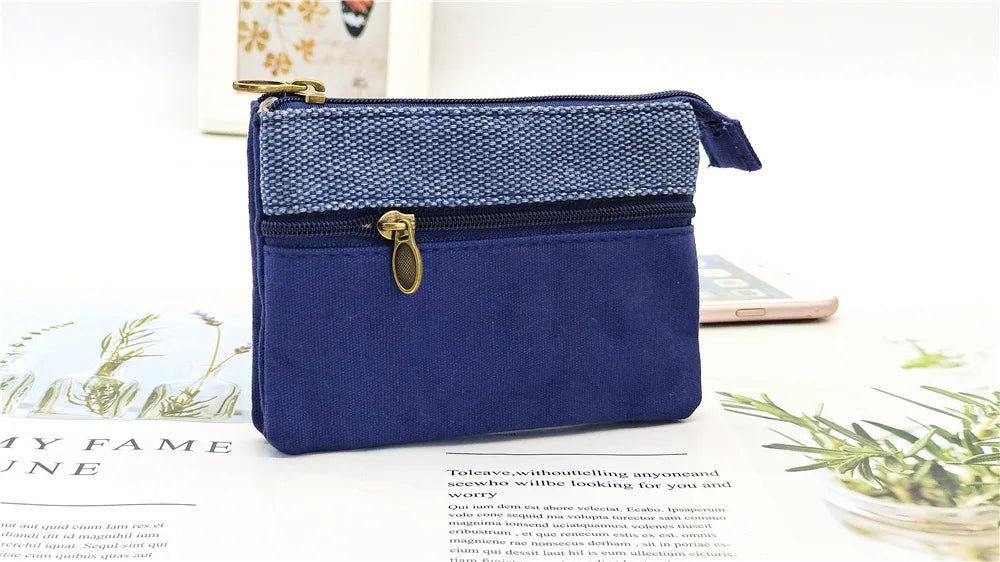 New Solid Canvas Coin Purse for Girls Double Zipper Large Capacity Card Holder Small Storage Bag Simple Fashion Mini Wallet