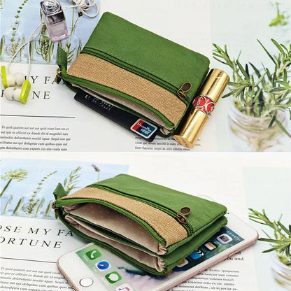 New Solid Canvas Coin Purse for Girls Double Zipper Large Capacity Card Holder Small Storage Bag Simple Fashion Mini Wallet