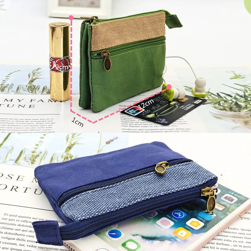 New Solid Canvas Coin Purse for Girls Double Zipper Large Capacity Card Holder Small Storage Bag Simple Fashion Mini Wallet