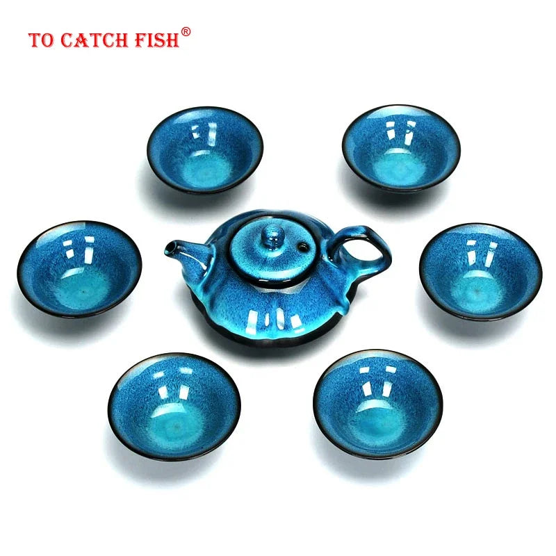 New Starry sky tea set Include 6 cups 1 tea pot,Jingdezhen temmoku glaze Porcelain Brand Exquisite Set  Kung Fu Tea Cup
