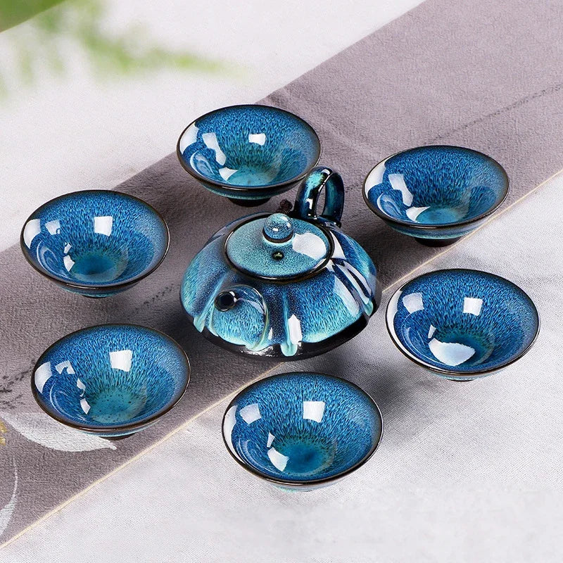 New Starry sky tea set Include 6 cups 1 tea pot,Jingdezhen temmoku glaze Porcelain Brand Exquisite Set  Kung Fu Tea Cup