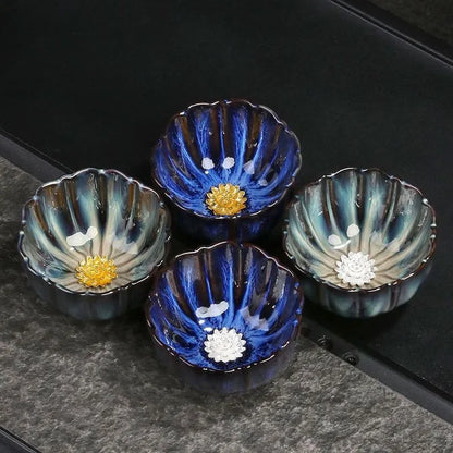 New Tianmu Jianzhan Lotus Cup Ceramic Tea Cup Chinese Tea Set Master Cup Handmade Inlaid Silver Teacup Kung Fu Tea Set Teaware
