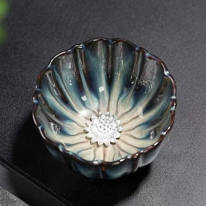 New Tianmu Jianzhan Lotus Cup Ceramic Tea Cup Chinese Tea Set Master Cup Handmade Inlaid Silver Teacup Kung Fu Tea Set Teaware