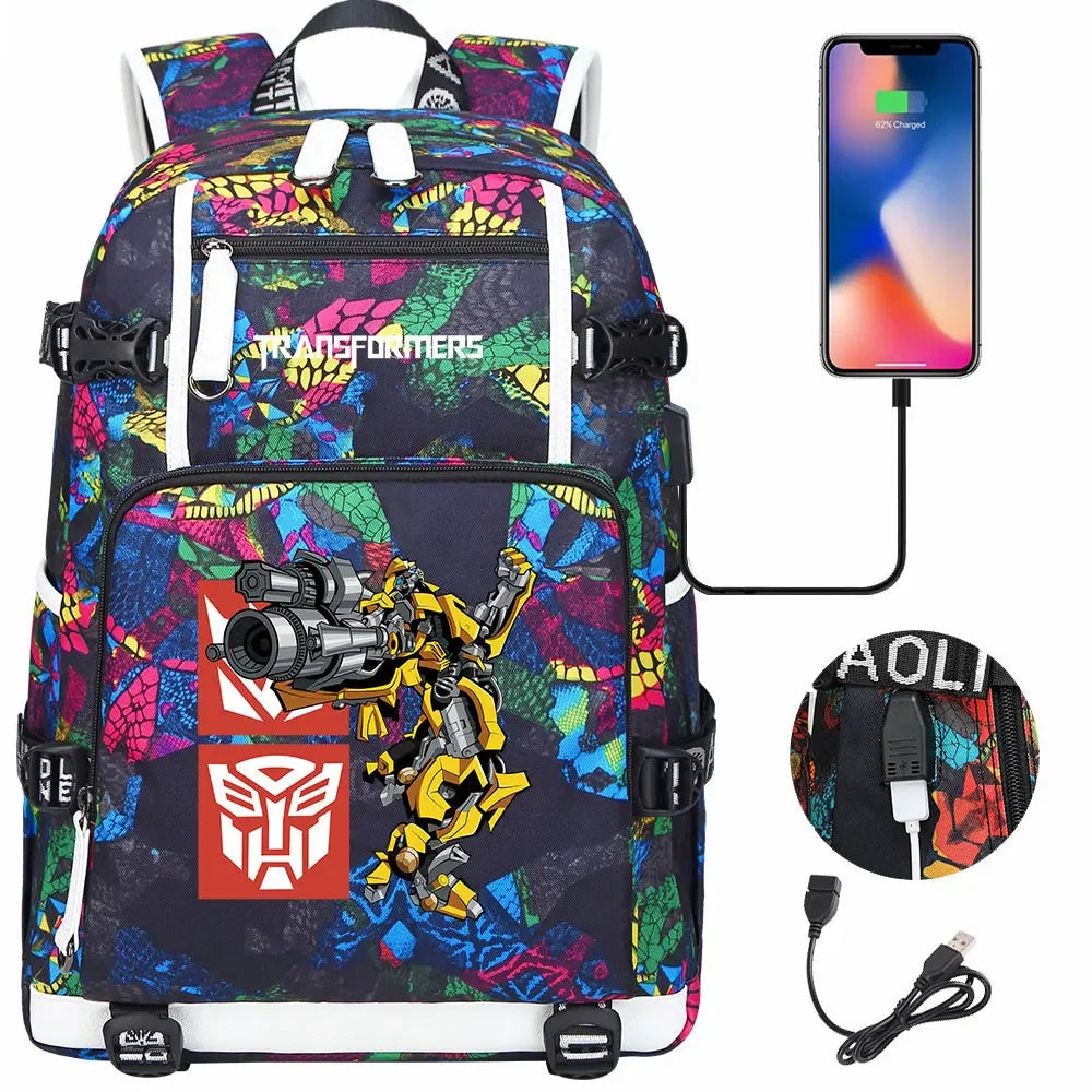 New Transformers Printed USB Teenagers Schoolbags Women Men Laptop Travel Backpack Girl Boys Kids School Book Bags
