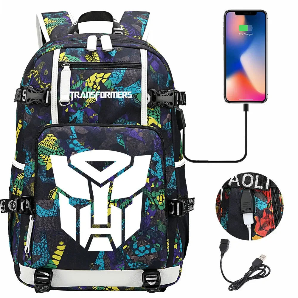New Transformers Printed USB Teenagers Schoolbags Women Men Laptop Travel Backpack Girl Boys Kids School Book Bags