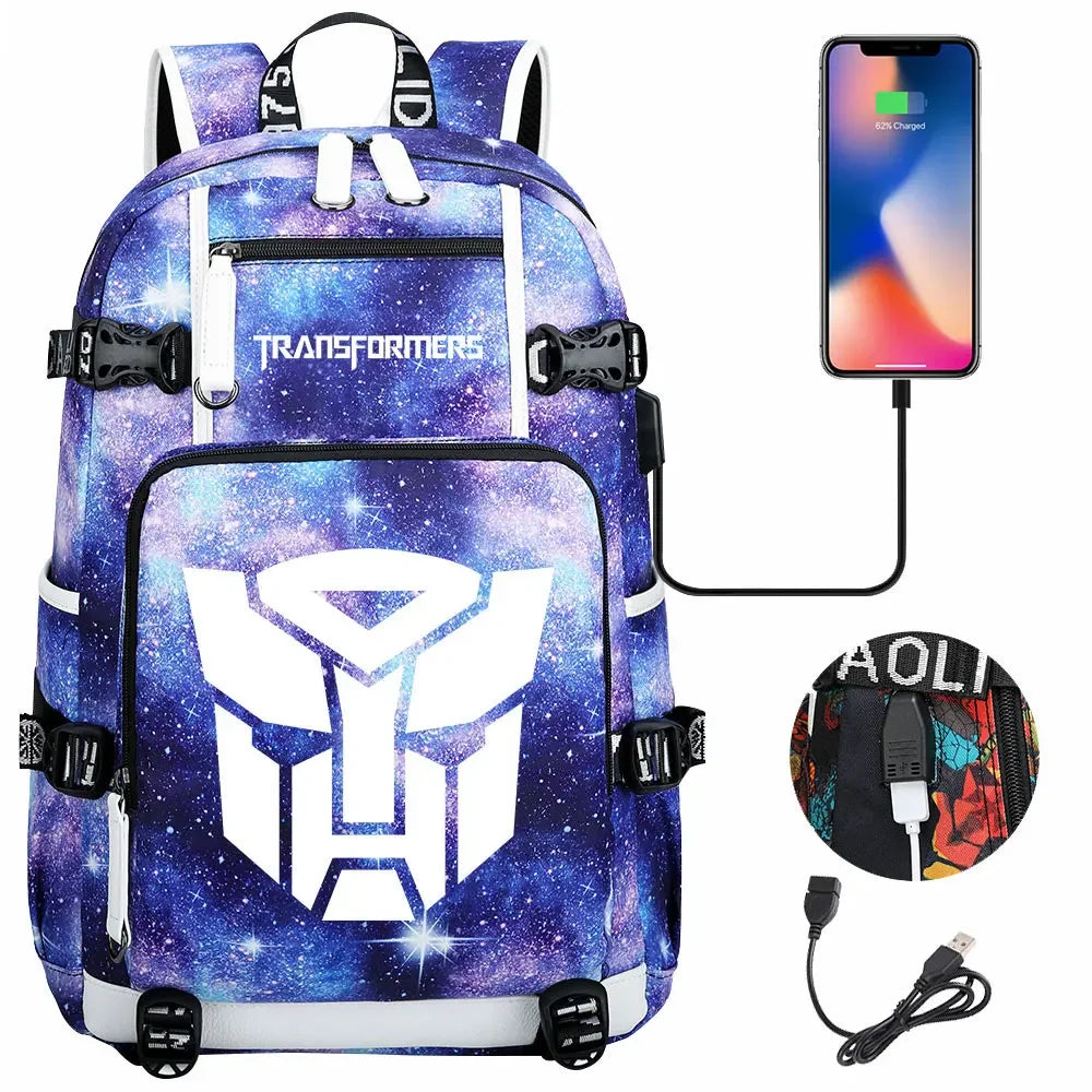 New Transformers Printed USB Teenagers Schoolbags Women Men Laptop Travel Backpack Girl Boys Kids School Book Bags