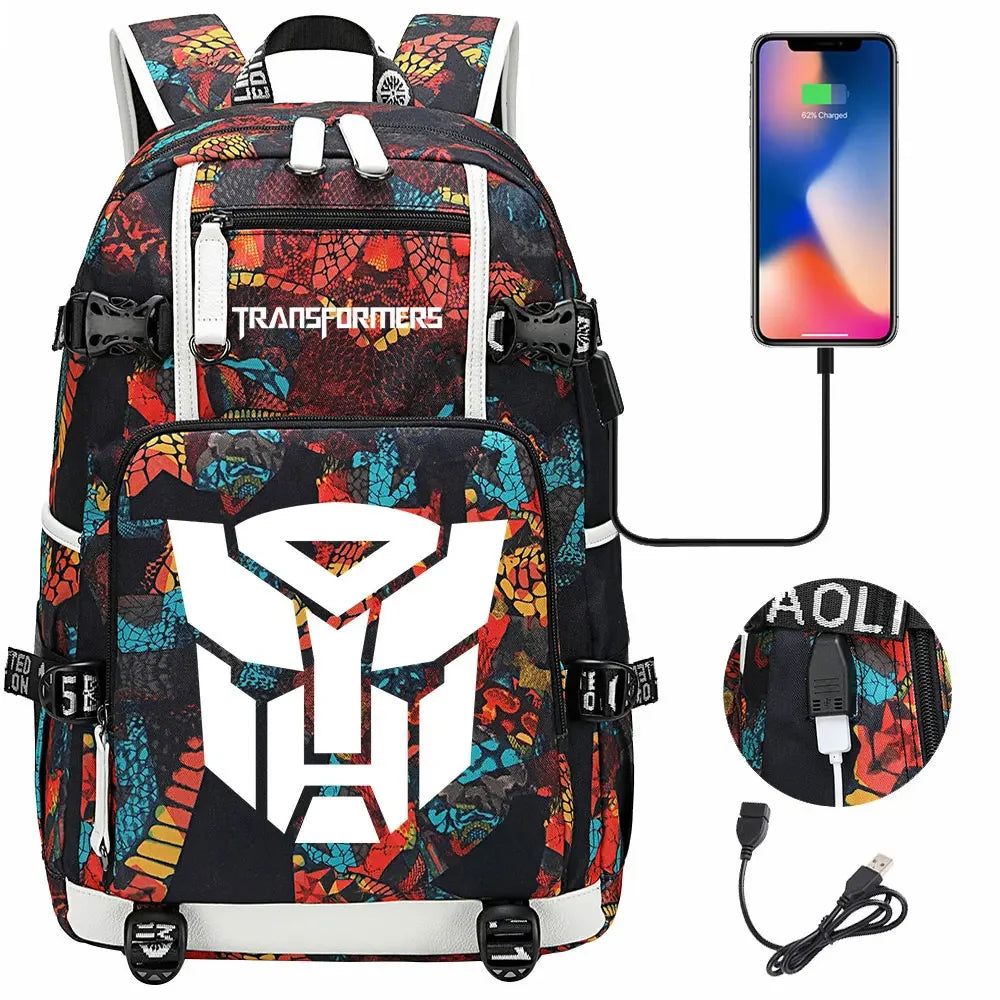 New Transformers Printed USB Teenagers Schoolbags Women Men Laptop Travel Backpack Girl Boys Kids School Book Bags