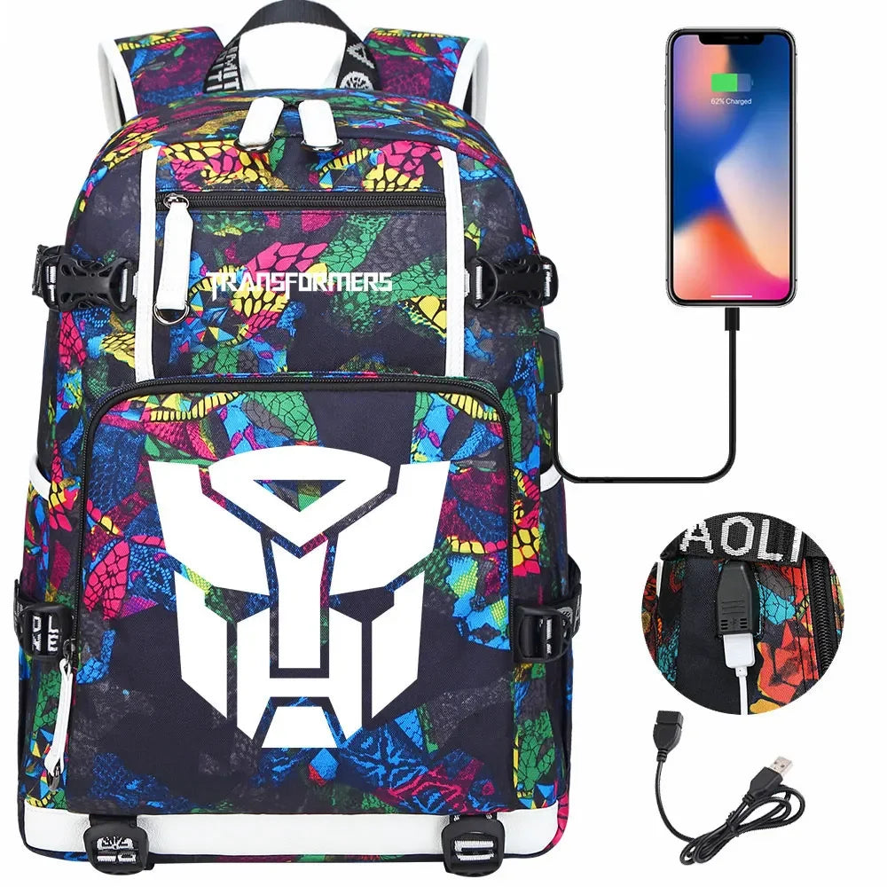 New Transformers Printed USB Teenagers Schoolbags Women Men Laptop Travel Backpack Girl Boys Kids School Book Bags