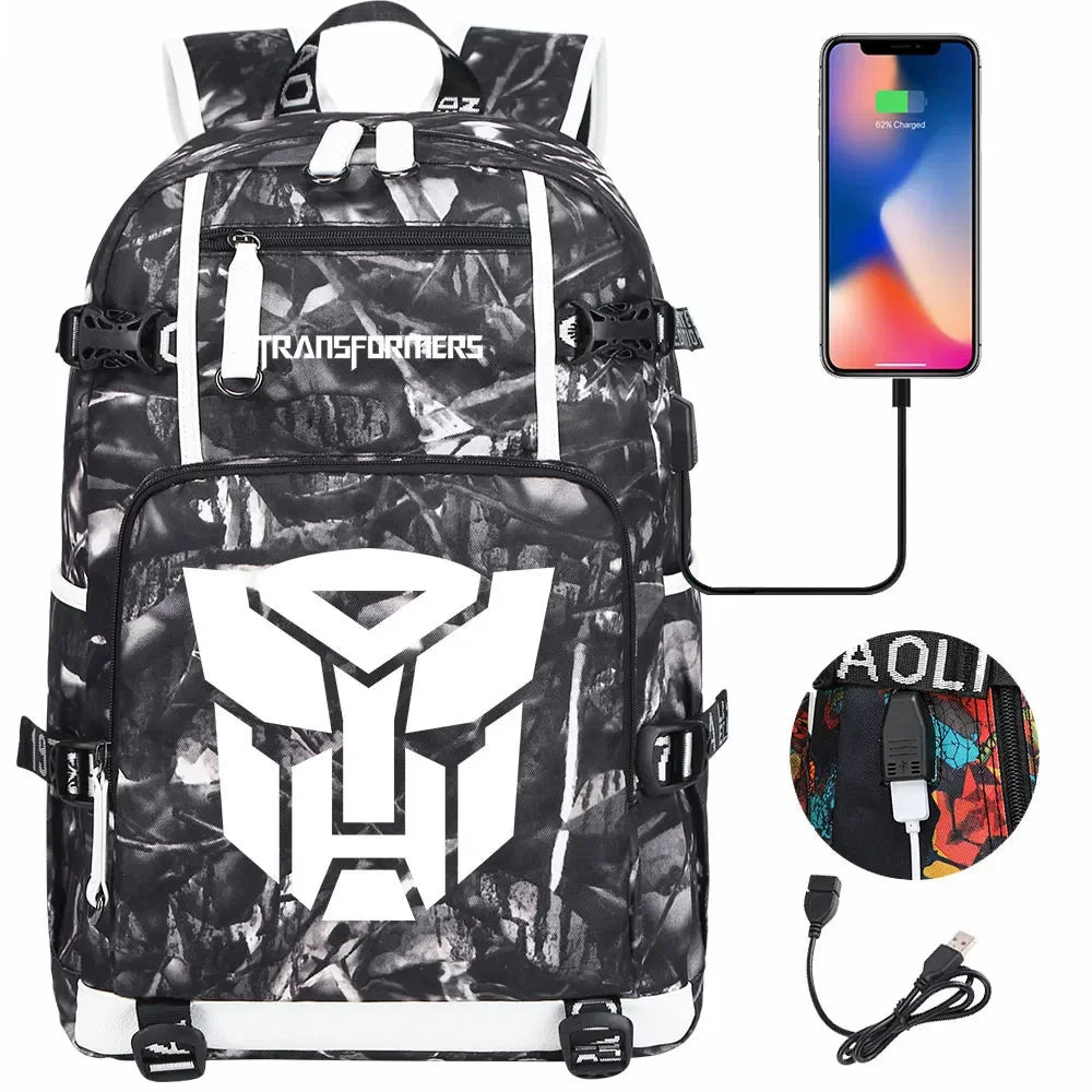 New Transformers Printed USB Teenagers Schoolbags Women Men Laptop Travel Backpack Girl Boys Kids School Book Bags