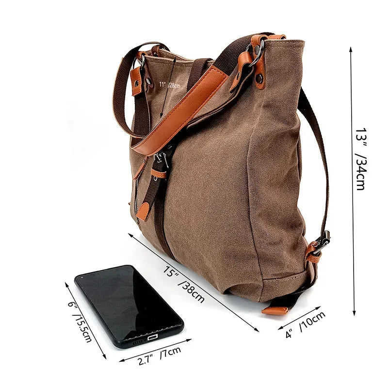 New Vintage Canvas Women's Shoulder Multifunction Handbag Female Fashion Tote Bag Casual Backpack