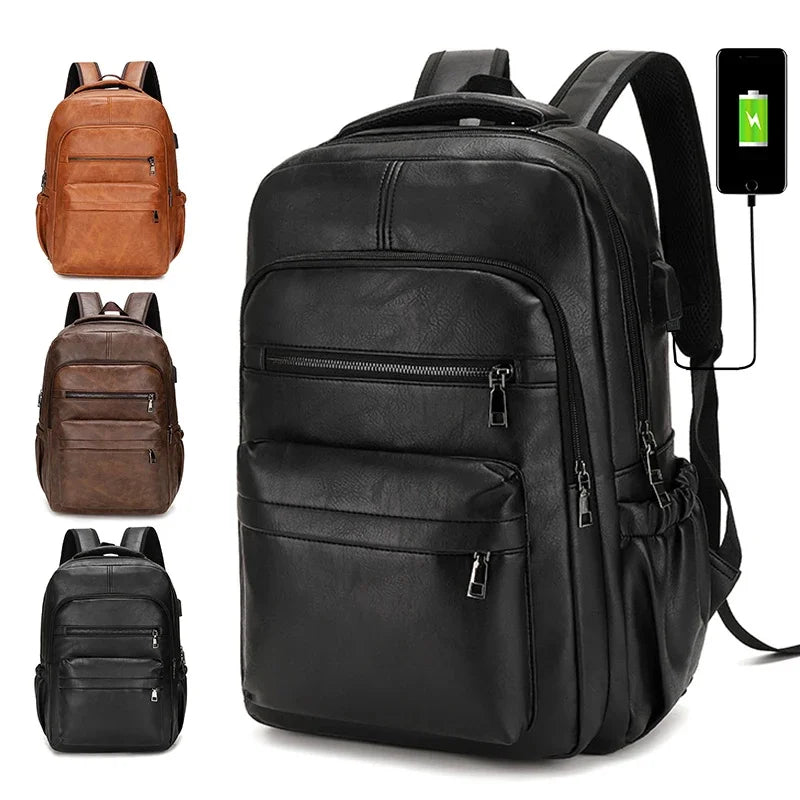 New Vintage Men USB Charging Large Laptop Bag PU Leather Man Travel Backpack Casual Teenagers School Bags For Boys